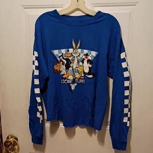 Warner Bros. Blue Looney Tunes Long Sleeve Tee READ Cut Off Hem